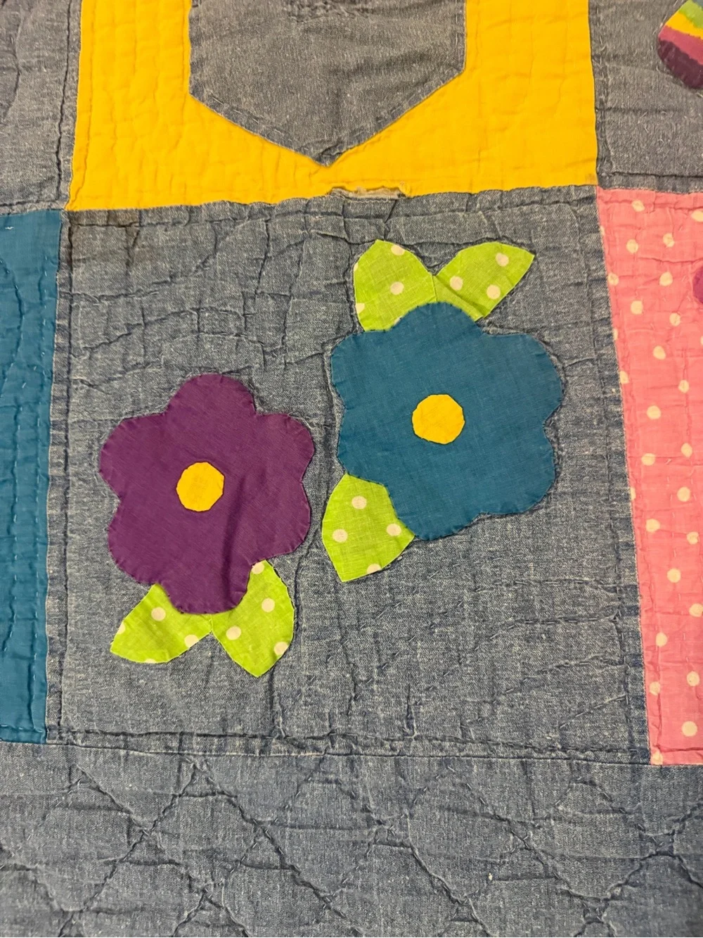 Vintage Handmade Applique Rainbow Quilt Twin 80x80” Floral Butterfly Patchwork